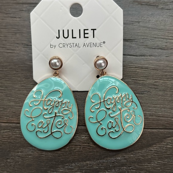Juliet Easter Egg,Happy Easte,saying imprint drop Earrings,pearl tone stone post - Picture 1 of 4
